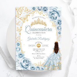 Convite Quinceanera Baby Blue Floral Dourado