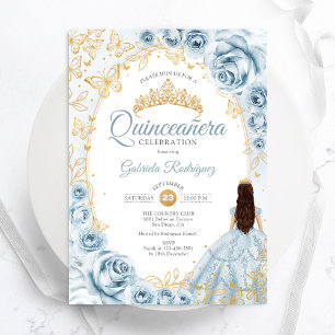 Convite Quinceanera Baby Blue Floral Dourado