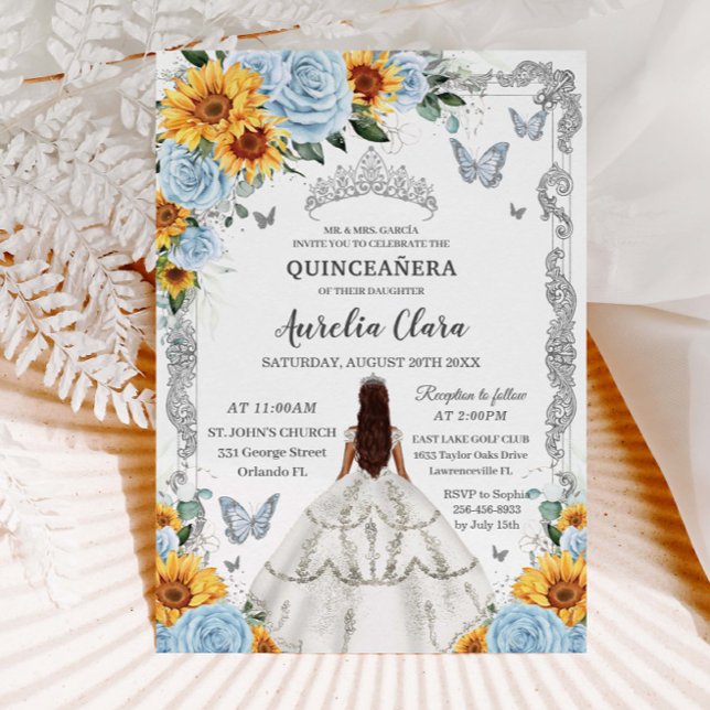 Convite Quinceañera Baby Blue Floral Girassóis Silver (Criador carregado)