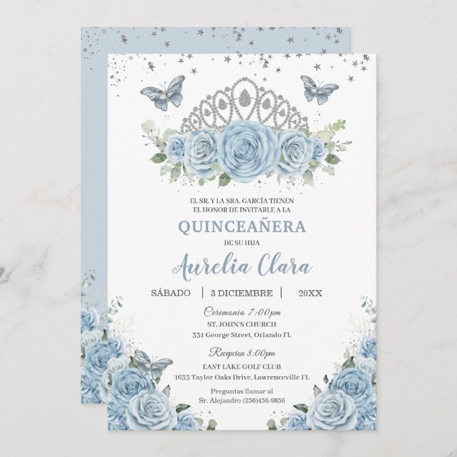 Convite Quinceañera Baby Blue Floral Silver Crown Español (Frente/Verso)