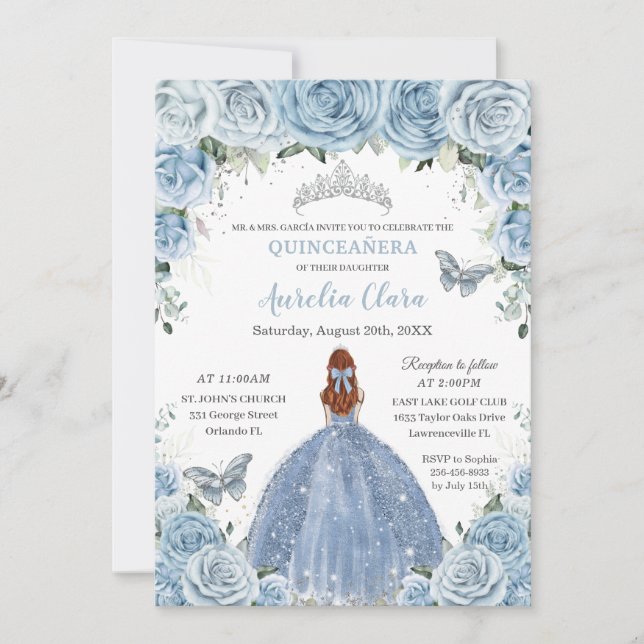 Convite Quinceañera Baby Blue Floral Silver Red Hair Girl (Frente)