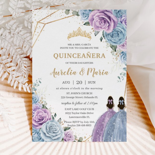 Convite Quinceañera Baby Blue Lilac Roxo Gêmeas Florais (beautiful baby blue lilac floral twins Quinceañera Sweet 16 birthday printed invitation cards )