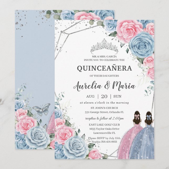 Convite Quinceañera Baby Blue Pink Gêmeas Florais Silver (Frente/Verso)