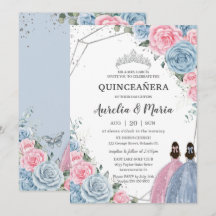 Quinceañera Baby Blue Pink Gêmeas Florais Silver