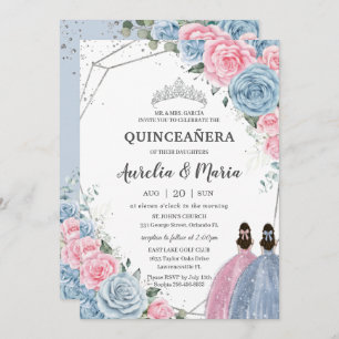 Convite Quinceañera Baby Blue Pink Gêmeas Florais Silver