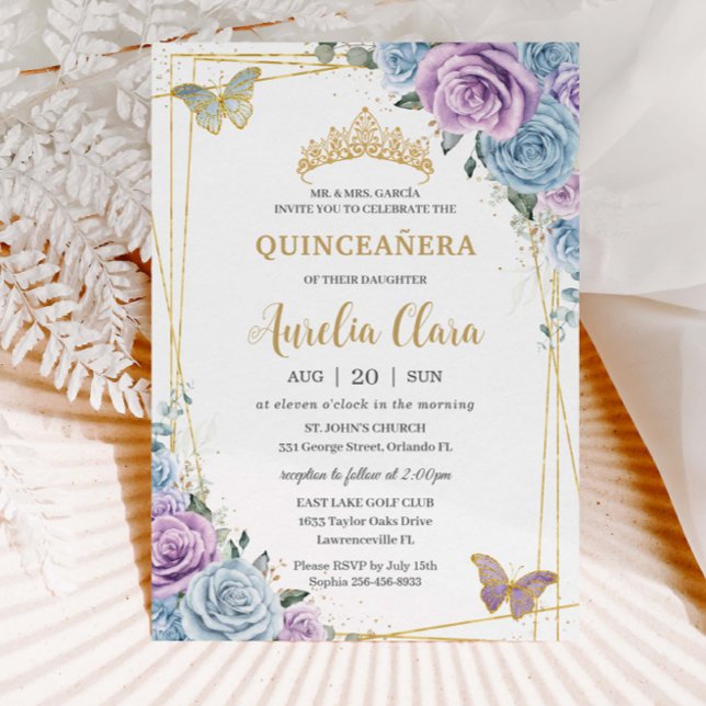 Convite Quinceanera Baby Blue Purple Liloral Dourado (Criador carregado)