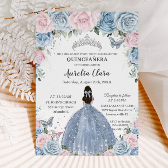 Convite Quinceañera Baby Blue Rosa Floral Princesa (Criador carregado)