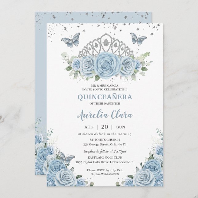 Convite Quinceañera Baby Blue Rosa Floral Silver Crown (Frente/Verso)
