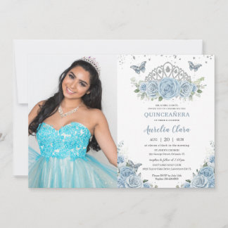 Convite Quinceañera Baby Blue Rosas Silver Crown Foto