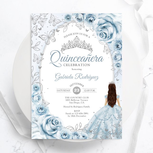 Convite Quinceanera Baby Blue Silver Floral (Criador carregado)