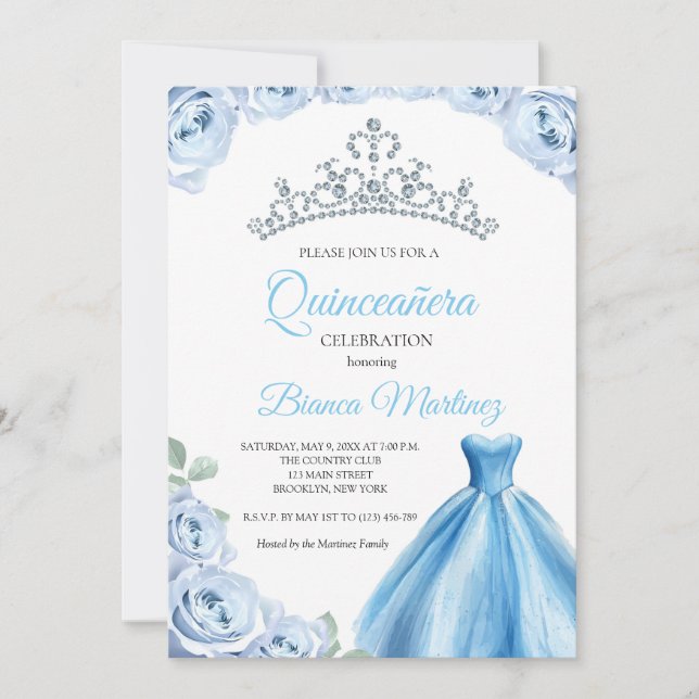 Convite Quinceanera Baby Blue Vress Mis Quince (Frente)