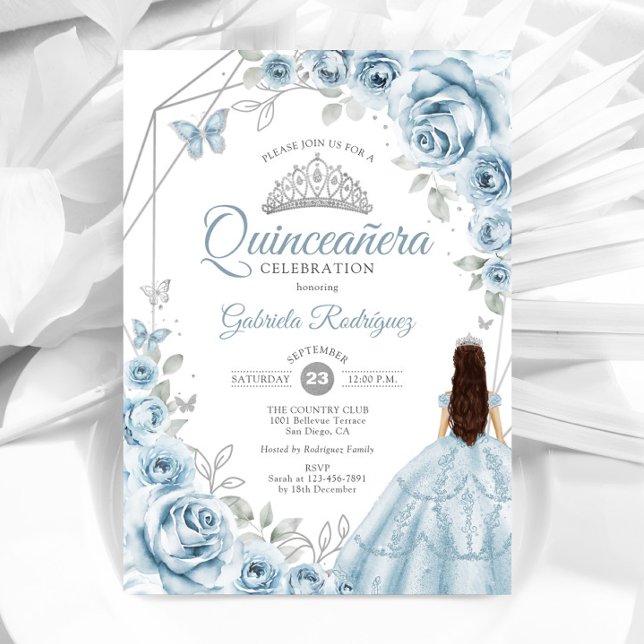 Convite Quinceanera Baby Blue Vress Silver Floral (Criador carregado)