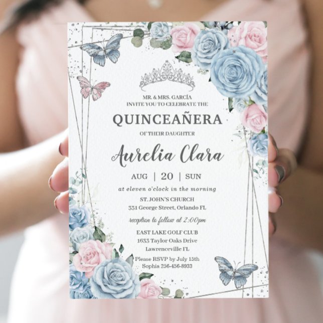 Convite Quinceañera Bebê Azul Rosa Pálido Borboletas Flora (Criador carregado)