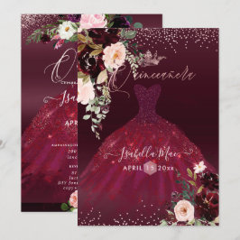 Convite Quinceanera Bege Burgundy Flores Aquarela