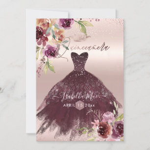 Convite Quinceanera Bege Burgundy Flores Aquarela