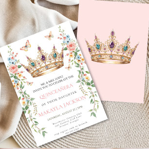 Convite Quinceañera Bege Rosa Floral Borboleta