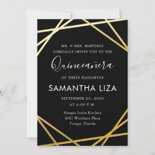 Convite Quinceañera Birthday Black Dourado Modern