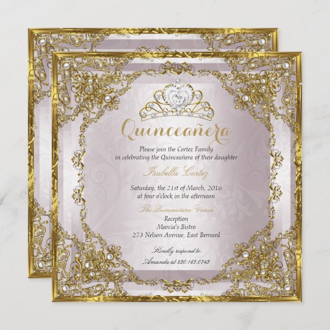 Convite Quinceanera Birthday Dourado Pearl Damask (Frente/Verso)