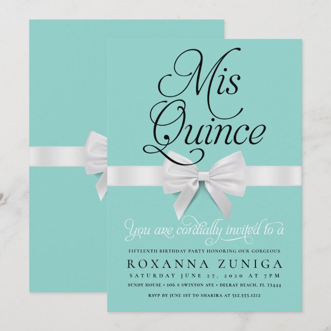 Convite Quinceanera Birthday - Elegante Azul (Frente/Verso)