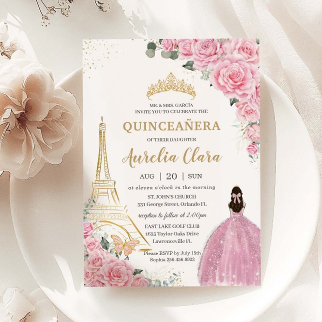 Convite Quinceañera Birthday Pink Paris Floral Eiffel Dour (baby-pink-floral-roses-gold-eiffel-paris-princess-quinceanera-xv-sweet-16-birthday-invitation)