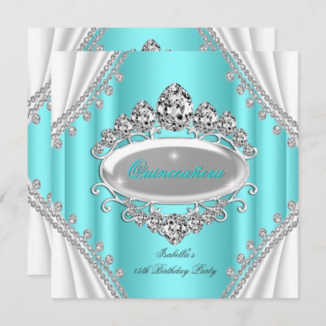 Convite Quinceañera Birthday Princesa Teal Diamond (Frente/Verso)
