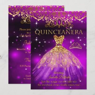 Convite Quinceanera Birthday Purple Magenta Tiara Dourada