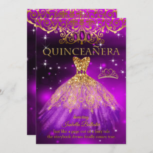 Convite Quinceanera Birthday Purple Magenta Tiara Dourada