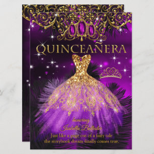 Convite Quinceanera Birthday Purple Magenta Tiara Dourado 