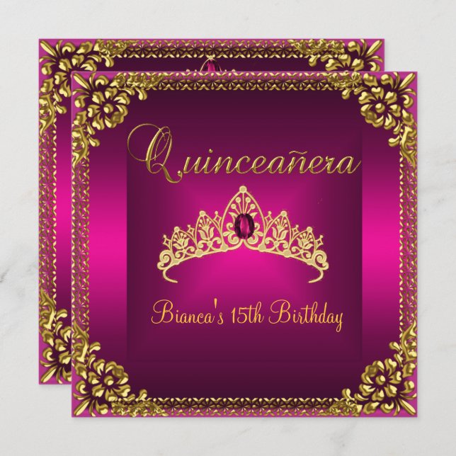 Convite Quinceanera Birthday Rosa Tiara Dourada Gem Jewel (Frente/Verso)