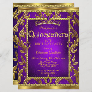 Convite Quinceanera Birthday Roxo Azul Tiara Dourada