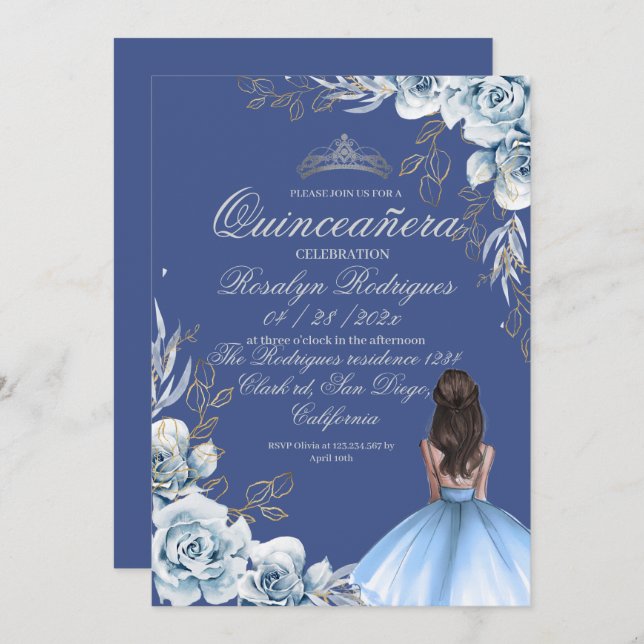 Convite Quinceañera Birthday Royal Blue (Frente/Verso)