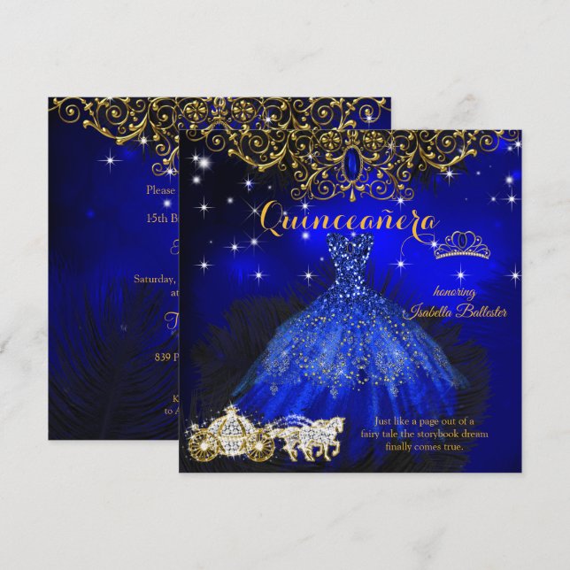 Convite Quinceanera Birthday Royal Blue Fairytale Tiara (Frente/Verso)