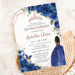 Convite Quinceañera Birthday Royal Blue Floral Brown Girl