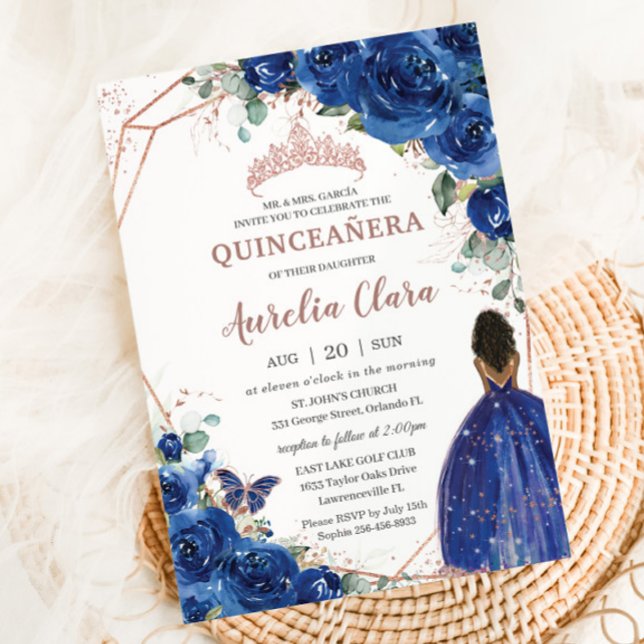 Convite Quinceañera Birthday Royal Blue Floral Brown Girl (Criador carregado)