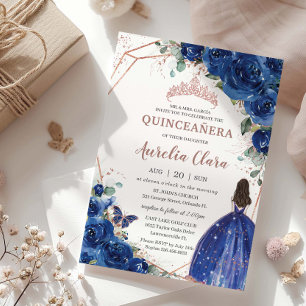 Convite Quinceañera Birthday Royal Blue Floral Princesa