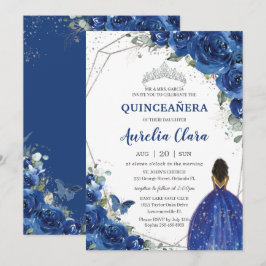 Convite Quinceañera Birthday Royal Blue Floral Princesa