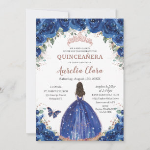 Convite Quinceañera Birthday Royal Blue Floral Princesa XV