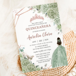 Convite Quinceañera Birthday Sage Green Rosa Dourada