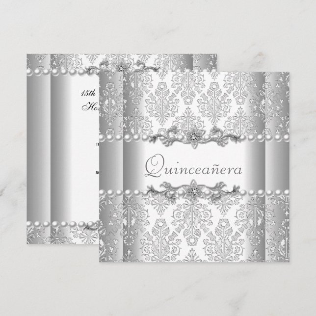 Convite Quinceañera Birthday Silver White Pearl (Frente/Verso)