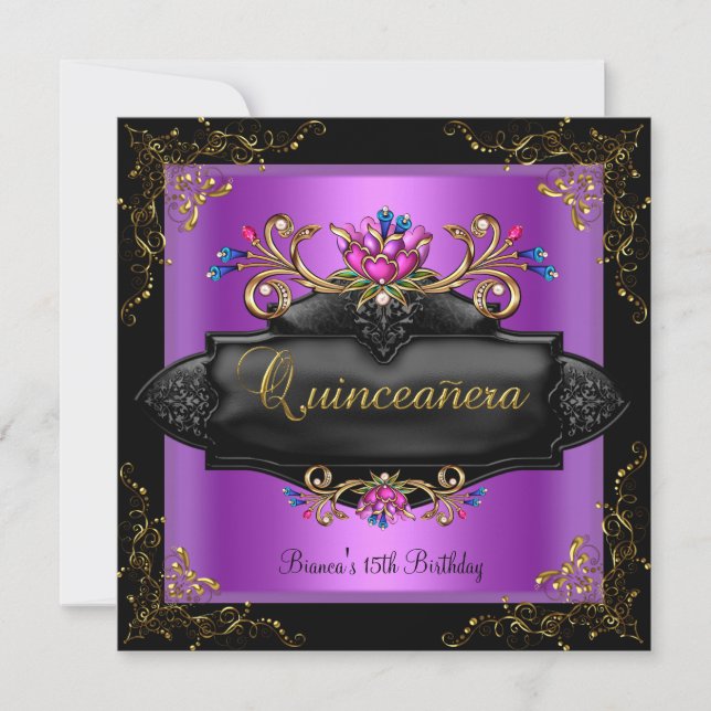 Convite Quinceanera Birthday Spople Purple Lilac Dourado F (Frente)