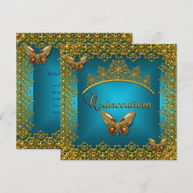 Convite Quinceanera Birthday Teal Dourada Tiara Butterfly (Frente/Verso)