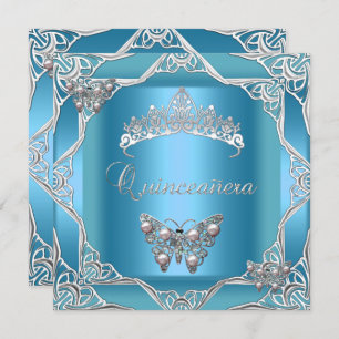 Convite Quinceanera Birthday Teal Silver Tiara Butterfly