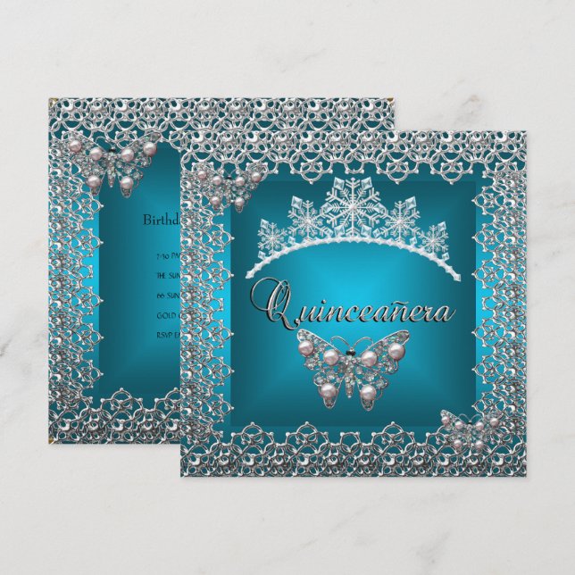 Convite Quinceanera Birthday Teal Silver Tiara Butterfly (Frente/Verso)