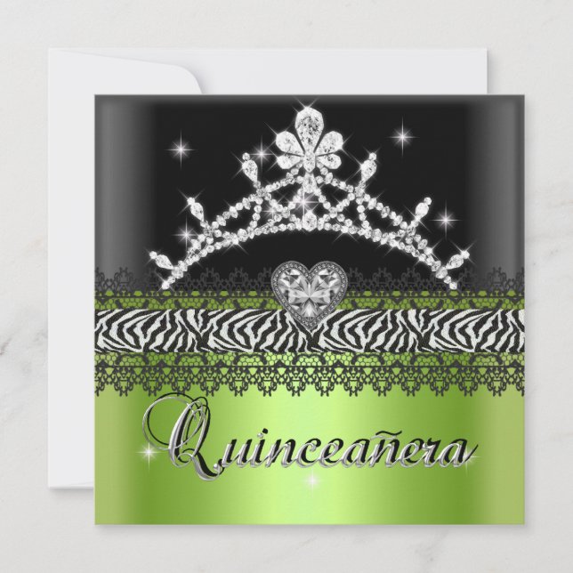 Convite Quinceanera Birthday Zebra Verde limão Preto Branc (Frente)