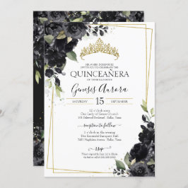 Convite Quinceañera Black & Dourado Elegante Floral