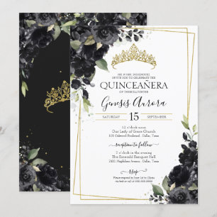 Convite Quinceañera Black & Dourado Elegante Floral