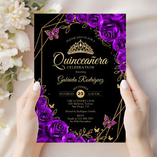 Convite Quinceanera Black Dourado Puro Floral