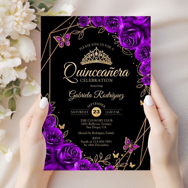 Convite Quinceanera Black Dourado Puro Floral (Criador carregado)
