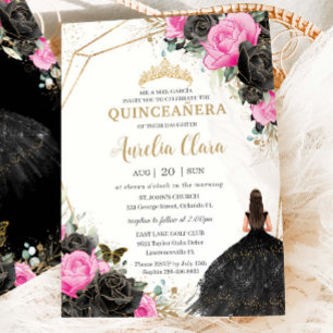 Convite Quinceañera Black Dress Fuchsia Floral Princesa