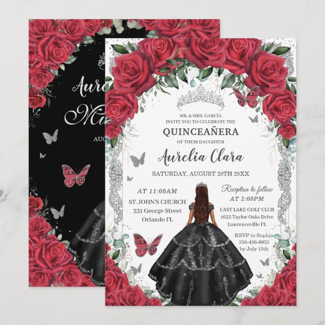 Convite Quinceañera Black Dress Rosa vermelha Floral Silve (Frente/Verso)